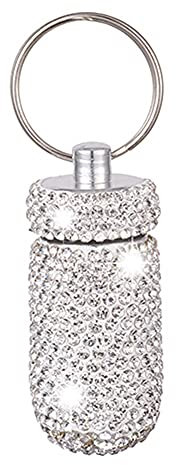 Bling Bling Pillenbox Schlüsselanhänger,MoreChioce Glitzer Strass Aluminiumlegierung Pille Fall Mini Pillendose Tragbare Pillenbehälter Schlüsselring Wasserdichte Pillenhalter Schlüsselbund,Weiß