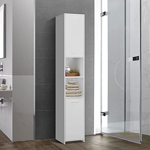 ML-Design Mobile per Il Bagno Bianco 30x190x30 cm Armadio Alto Salvaspazio per con 6 Ripiani e 2 Ante Ampio Spazio di Stoccaggio Mobiletto Pratico Truciolato MDF Facile da Montare e Pulire
