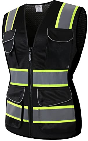 JKSafety 9 Pockets Women Hi-Vis Reflective Safety Vest | Mesh Black| Reflective Strips with Yellow Extended Trims | ANSI Compliant (168-Black, S)