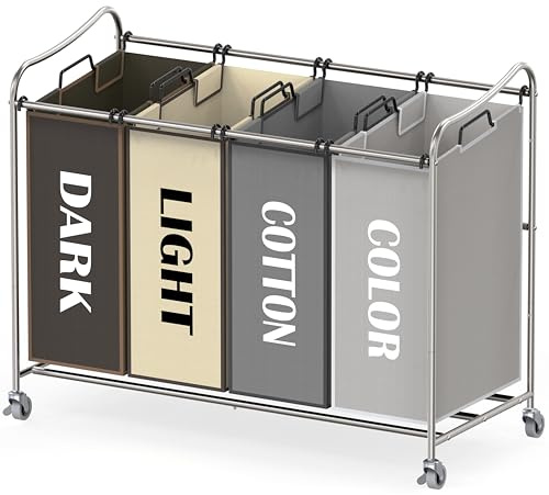 Simple Houseware Chariot à roulettes Robuste pour trieur de Linge, 4 Sacs, Argent/Sacs Assortis
