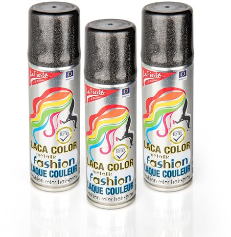 Pack 3 Laca de Pelo Color Negro Metalizada 125ml - Spray Colores para Cabello Rápida coloración, Lavable