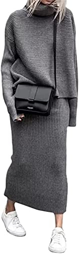 ZIBLER Set di gonne lavorate a maglia invernali da donna in 2 pezzi - Maglione dolcevita a costine spesse con gonna lunga a tubino (Grigio,L)