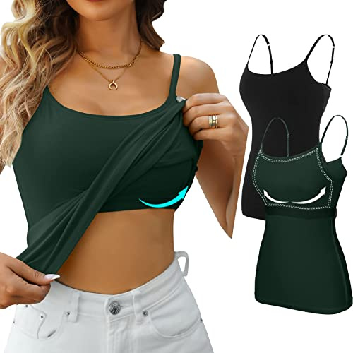 V FOR CITY Sleeveless Camisole Stretch Solid Vests Tops Scoop Neck Undershirt Black/Green M