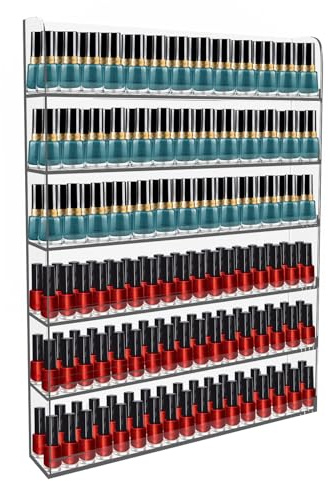 Nalwort Acrylic Nail Polish Rack 6 Tier, Clear Nail Polish Display Racks Wall Mount, Hold Up to 180 Bottles, Nail Polish Storage Organizer with 50PCS Nail Swatch Sticks