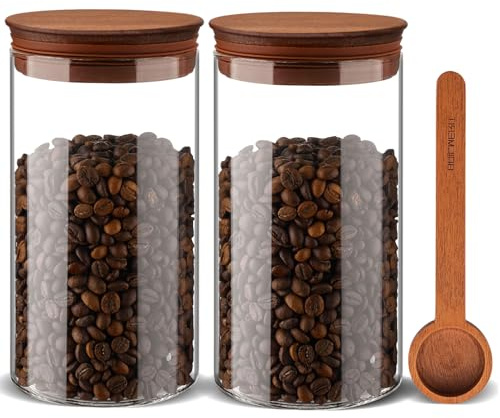 BOILMERIT 37 oz Coffee Canister with Scoop and Wooden Lids, Airtight Storage Container Sets of 2 for Ground Coffee & Beans, Glass Jars for Coffee Bar Organizer, Kitchen Countertop
