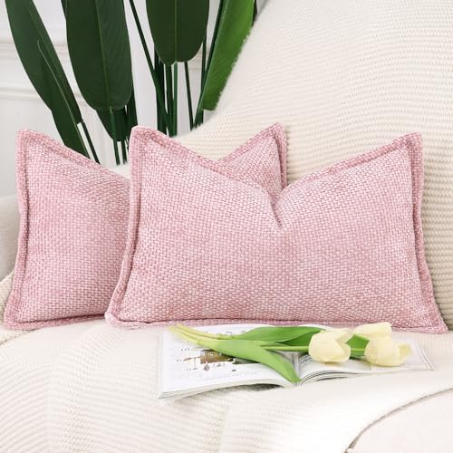 Madizz Juego de 2 Suave Chenilla Decorativo Funda de cojíns de Terciopelo con Borde Lujo Estilo Fundas de Almohada para el sofá Dormitorio Rosa Rectangular 30 x 50 cm