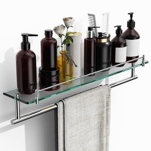 KOCOK 24-Inch Towel Rack with Shelves Tempered Glass Bathroom Shelves with Bar - Chrome Polished Modern Stainless Steel, Wall Mount Rustproof Tower Rail