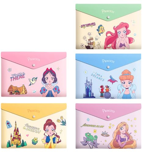 FASHION YO Lot de 5 pochettes en plastique A4, 5 motifs différents de dossiers en plastique avec fermeture à pression, pochettes légères pour documents, bureau, école, organisation pour enfants et