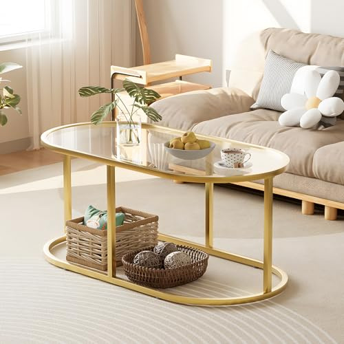 Soffbord guldglas soffbord för vardagsrum, ovalt glasbord mittbord med robust metallram, modernt härdat glas accentbord för sovrum hem kontor