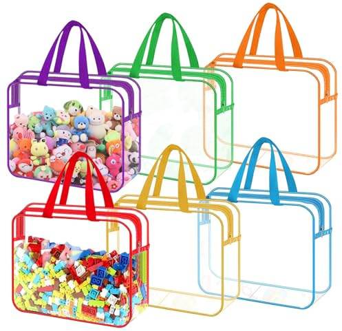 6 Colors Clear Toy Storage Bags with Handles,11.8x8.6x3.9in Waterproof PVC Organizing Bags with Zipper, Plastic Tote Bag Reusable Travelling Pouch for Puzzles, Book (6 COLOR) (6 color)