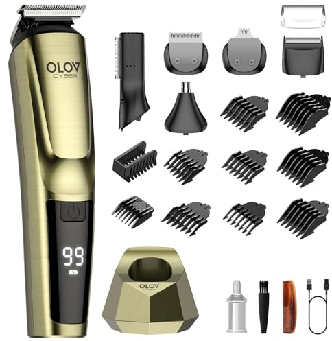 OLOV CYBER Cordless Beard Trimmer for Men, 17-in-1 Mens Grooming Kit, Electric Razor Shaver for Face Mustache Body & Nose Hair, with USB Charging Dock, IPX7 Waterproof, Gift for Dad Husband & Him