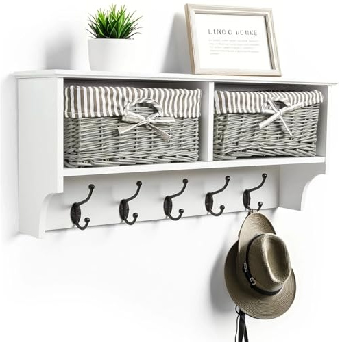 Taylor & Brown Wall Mounted Coat Rack – White Shelf with 2 Grey Wicker Baskets & 5 Double Hooks – Hallway Storage & Entryway Organiser for Coats, Bags & Scarves
