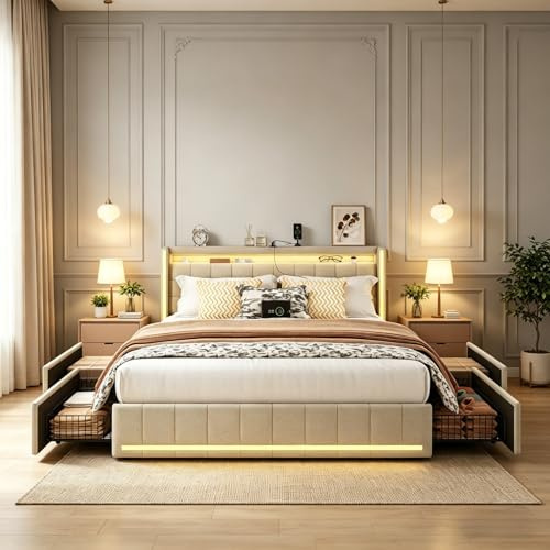 JiaOyu Sängklädsel, 180 x 200 cm med USB-laddningsfunktion och LED-sänggavel, förvaringssäng med 4 lådor, ungdomssäng, dubbelsäng inklusive robust ribbotten av trä, utan madrass (beige, 180 x 200 cm)