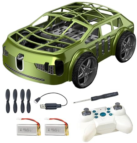 2-i-1 fjärrstyrd drönare billeksak, mini RC-flygbil med LED-lampor, lättflygande fjärrstyrd quadrocopter-leksak för barn, grön, två batterier