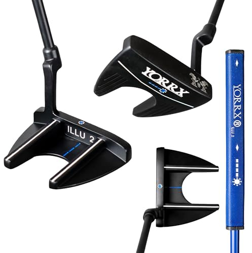 YORRX® Illu 2 Mallet Golf Putter med justeringslinje (blå) inkl. headcover – precisions-golfputter med glasfiberskaft
