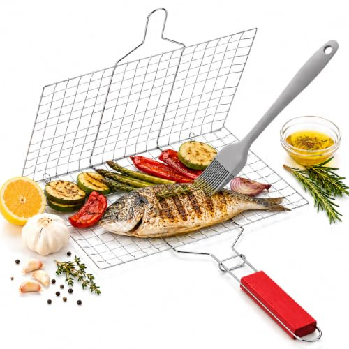 Parrilla Pescado Barbacoa de 34x22cm que incluye Cepillo de Silicona | Cesta Rejilla Barbacoa de Metal con Mango de Madera ideal para Cocinar Pescado Entero sin Romperlo y Verduras a la Brasa (Rojo)