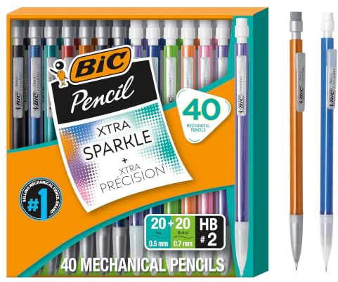 BIC Mechanical Pencil #2 EXTRA SMOOTH, Variety Bulk Pack Of 40, 20 0.5mm With 20 0.7mm Led Pencils, Assorted Colored Barrels, for professional Office & School Use.