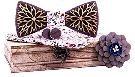 HZQIFEI Noeud Papillon en Bois, Ensemble 4 Pièces + Boutons de manchette + Carré de Poche + Broche, pour Mariage Soirée Business (Style#12)