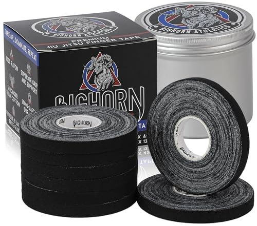 Bighorn Athletics Pro Series Jiu-Jitsu Finger Tape, 8-Rolls with Tin Holder, Enhanced Extra Strength, Residue-Free (0.3-Inch, Black)