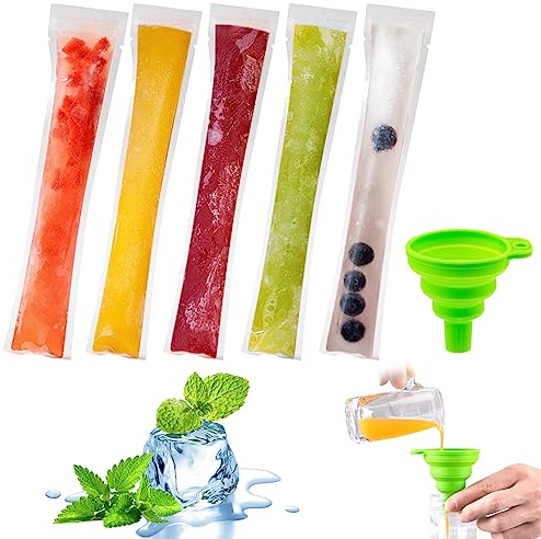 Bolsas para Helados, 50 Pack Moldes para Helados, Bolsa de Hielo, Snack casero Sano, congelador Pop, Bolsas de Molde para Paletas de Hielo,con para Yogur,Helado,Jugo (con Embudo Verde) (50)