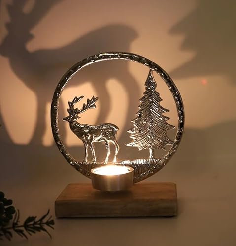 Silver Aluminium Deer Antler Tree Scene 16.5cm Christmas Xmas Gift Tealight Holder On Wooden Base Ornament