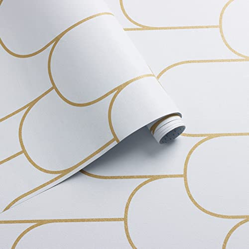CiCiwind Selbstklebende Tapete Weiß und Gold Streifen Tapeten 44cm×10m Möbelfolie Selbstklebend Geometrische Muster Tapete Wasserfest Vinyl Klebefolie für Wand Möbel