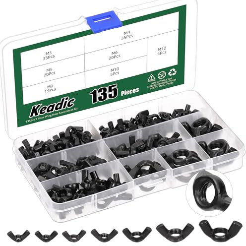 Keadic 135Pcs M3 M4 M5 M6 M8 M10 M12 Flügelmuttern Sortiment Kit, Kohlenstoffstahl schwarz verzinkt Flügelmutter Befestigungen Hand Twist Festziehen Ohr Flügelmuttern Schmetterling Mutter (Metric)