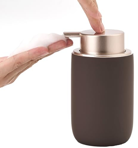 GIRLUFO Ceramic Foaming Soap Dispenser with Plastic Pump,12oz Bathroom Soap Dispenser,Kitchen Foam Soap Dispenser,Brown Hand Soap Dispenser(Rubber Paint)
