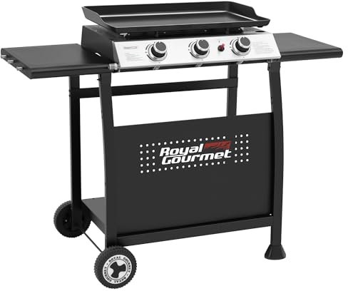 Royal Gourmet Plancha Gaz sur Chariot, 3 Brûleurs Puissance 7.5 kW, Plaque Amovible de Surface Cuisson 62,0 x 35,5 cm, Avec 2 Tablettes et 2 Roues, Portable pour Jardin et l' Extérieur, Noir