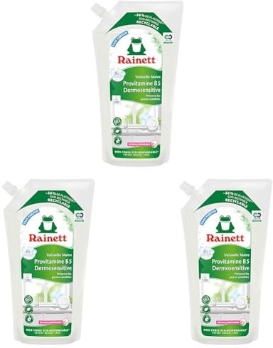 RAINETT - Liquide Vaisselle Mains Dermosensitive - Éco-Recharge 1 L - Formule Hypoallergénique - pH Neutre - Préserve les Peaux Sensibles - Poche 100% Recyclable - Ecolabel - Éco-Recharge 1 L