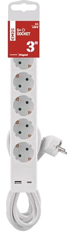 EMOS Steckdosenleiste 5-Fach mit USB-Laden, Mehrfachsteckdose mit Schalter für Innenbereich, Wandmontage tauglich, 5X Steckdose, 1x USB C, 1x USB A, 3m Kabel, weiß