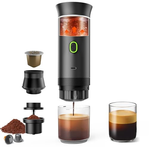 Kidovin 3-in-1 Portable Espresso Coffee Machine, Portable Coffee Maker, Compatible with Big Capsule, Small Capsule and Coffee Powder, Self-Heating, Travel Coffee Maker for Camping, Office, Home, RV