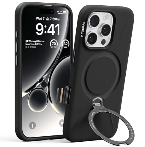 TORRAS Ostand Q3 Silikon für iPhone 16 Pro Max Hülle (Top Flüssigsilikon) (360° Magnetischer Ständer) Handyhülle iPhone 16 Pro Max Case Fallschutz mit Schockabsorption Kratzfest Klassisches Schwarz