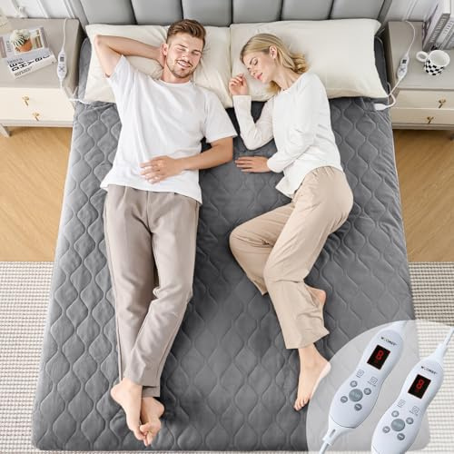 WOOMER Elektrische Wärmeunterbett mit Abschaltautomatik,200GSM/Samt Heizdecke mit 12h-Timer, 10-Stufen, Überhitzungsschutz, 5,8m Kabel, Für Matratzen bis 45cm / Waschbar/Dunkelgrau 135×190cm