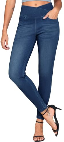 THE GYM PEOPLE Women's V Cross Denim Jegging Pants High Waisted Stretchy Skinny Jean Leggings with Pockets Dark Blue