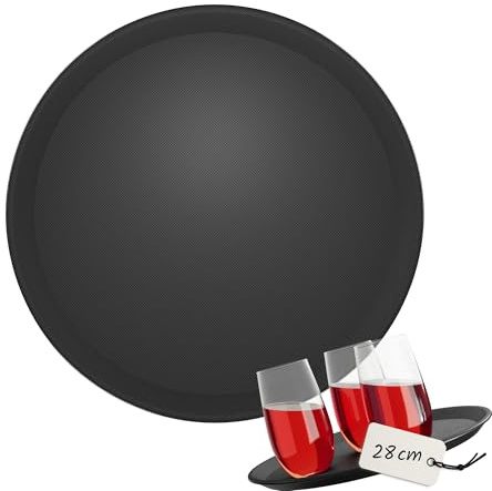 WELLGRO 1x Kellnertablett rutschfest Ø 28cm - Serviertablett Gastronomie, Gastro Tablett rund, Antirutsch Tablett schwarz, Restaurant, Servierplatten