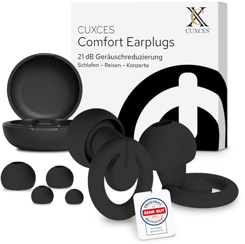 CUXCES Noise Cancelling Ohrstöpsel zum Schlafen, für Konzerte & Flugzeug – Gehörschutz Konzert & Alltag - Gehörschutzstöpsel reduziert Lärm um 21 dB – Earplugs Festival – 4 Größen - Schwarz