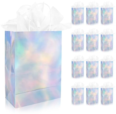 Dmnnlp 12 Pcs Glossy Iridescent Party Bags 8.7, Luxury Paper Gift Bags With Tissue Paper, for Birthday Wedding Holiday Party Christmas Favor Bachelorette Party