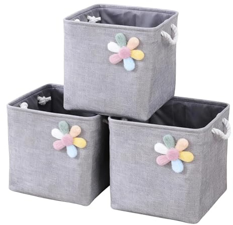 flaxarne Set da 3 Organizer per Armadio,Ceste portaoggetti in Tessuto Pieghevoli con Manici per Scaffali Guardaroba,per Vestiti,Asciugamani,Giochi,33×33×33cm