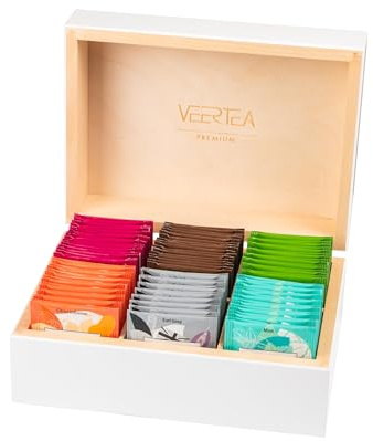 Veertea Tee - Teebox - Tee Geschenkset - Tea Set - Sorgfältig Ausgewählte Sorten - Teebox Holz - Teemischung - 6 Geschmacksorten, 96 Beutel - Box 26x17x11cm - Weiß