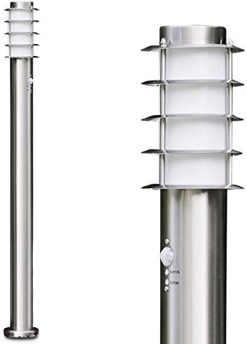 HOFSTEIN Außenleuchte Tunes mit Bewegungsmelder, moderne Sockelleuchte aus Edelstahl und Kunststoff-Scheiben, Wegeleuchte 110 cm, Gartenlampe mit E27-Fassung, Gartenbeleuchtung IP44, ohne Leuchtmittel