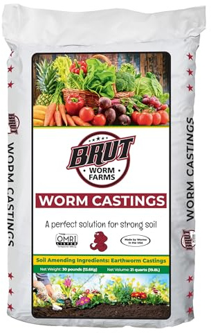 Brut Worm Farms 30 LB Organic Worm Castings, Natural Fertilizer for Indoor Outdoor Plants – Compost Soil Control, Mineral-Rich Potting Mix Additive Plant Food for Soil Health and Garden Growth