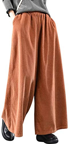 Bigassets Kvinnors Elastisk midja Bomull Corduroybyxor Byxor med vida ben Style 2 Brown