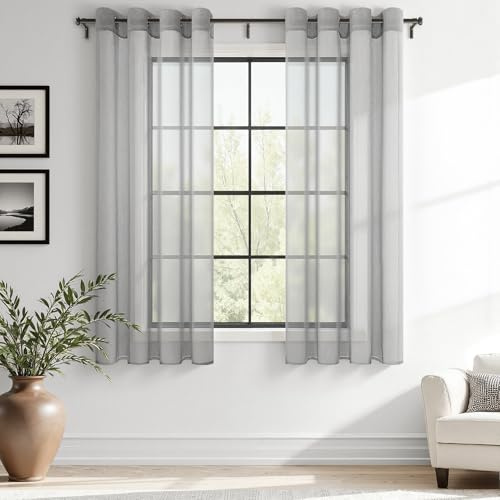 MRTREES Voile Gardinen Vorhang halbtransparent kurz mit Ösen in Leinenoptik Stores Gardinen Schals für Wohnzimmer Schlafzimmer Kinderzimmer Grau 145×140cm (H×B) 2er Set