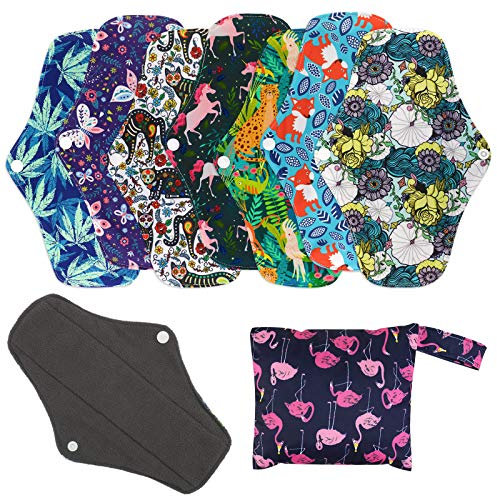PHOGARY Wiederverwendbare Hygienetücher Pads (7 in 1, 25,4 cm), Bambus-Slipeinlagen mit nassem Beutel, Schwerer Fluss-Nachtwaschbarer Stoff Menstruationssanitärhandtücher