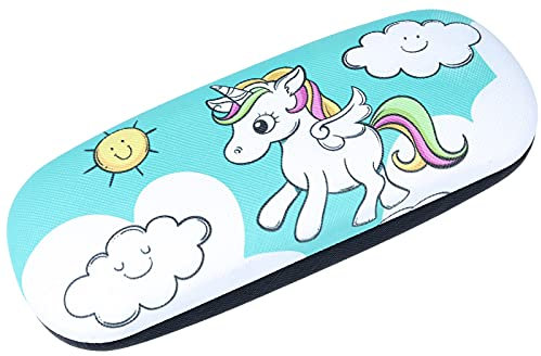 NASENFAHRRAD24 Robustes Hartschalen-Brillenetui mit niedlichem Einhorn-Motiv in Türkis für Kinder und Teenager