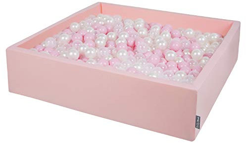 KiddyMoon Quadrat Bällebad Bällepool 120X30cm/200 Bälle ∅ 7Cm Eckig Ballgruben Für Babys Spielbad Kleinkinder, Hergestellt In Der EU, Rosa:Puderrosa-Perle-Transparent