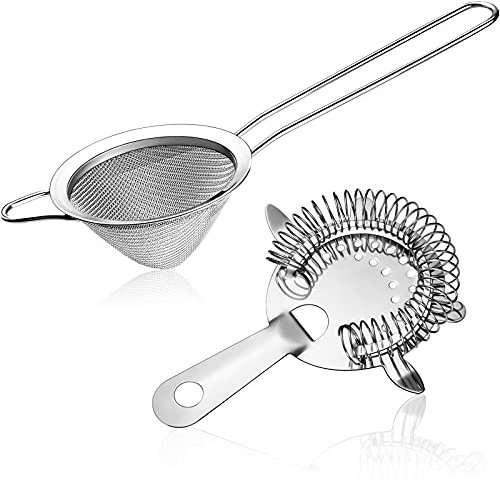 2 Pieces Fine Mesh Strainer with Handle Cocktail Strainer Stainless Steel Conical Food Strainer Stainless Steel Silver Bartender Colander Filter for Home Kitchen Bar Accessories