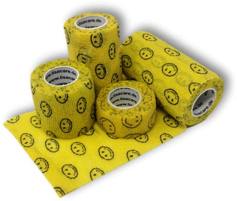 LisaCare - Självhäftande fingerplåster – plåster för hundar och människor – handbandage barn – set om 4 2,5 – 10 cm bred (Smiley gul)
