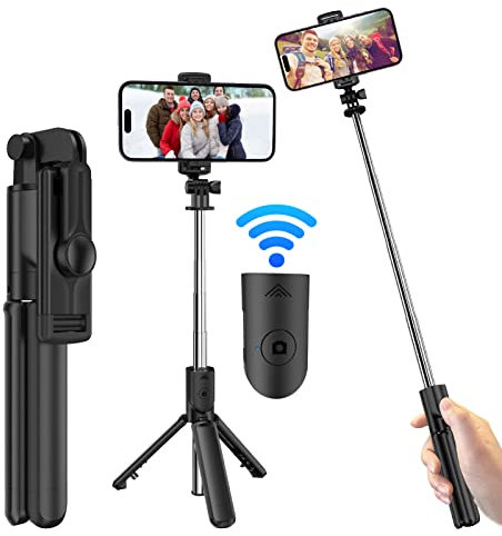 Aukvite Palo Selfie Trípode, 3 en 1 Selfie Stick Móvil Bluetooth con Inalámbrico Control Remoto, 360° Extensible Palo Selfie Trípode para iPhone 14/13/12/11/XR/XS/X/8/7, Samsung S10/S9/S8, Go Pro